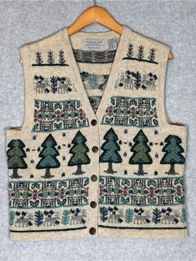 Vintage Northern Isles Hand Embroidered Tree Wool Cardigan Sweater Vest-Large